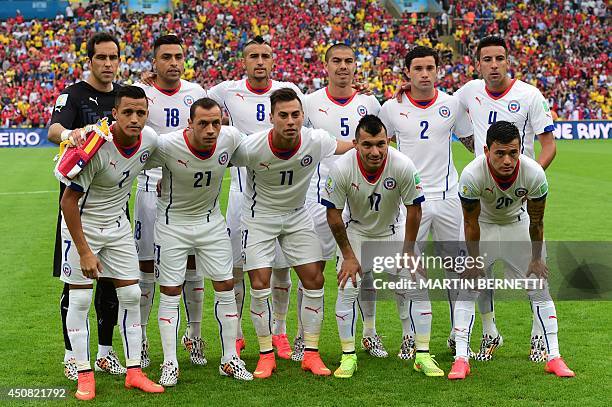 Chile's national team Chile's goalkeeper and captain Claudio Bravo, Chile's defender Gonzalo Jara, Chile's midfielder Arturo Vidal, Chile's...