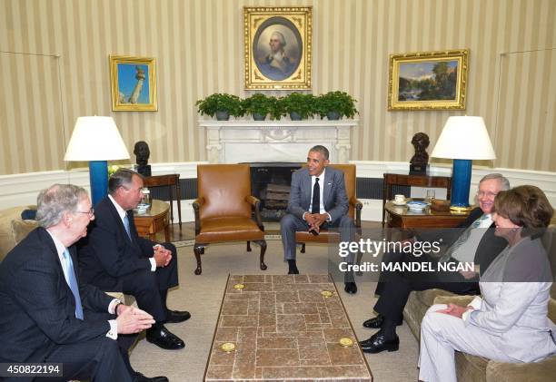 President Barack Obama meets with Congressional leadership including Senate Majority Leader Harry Reid , Senate Minority Leader Mitch McConnell ,...