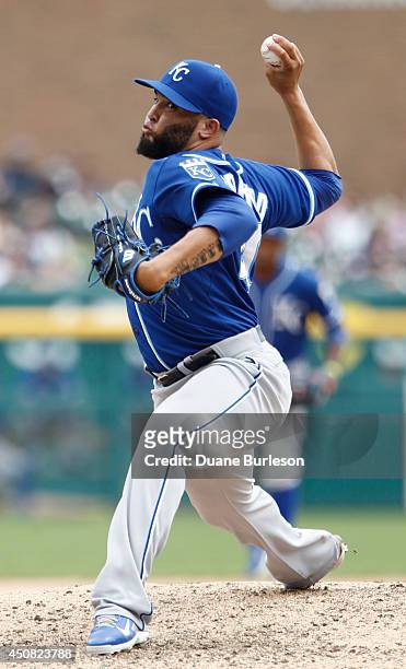 Kelvin Herrera of the Kansas City Royals pitches against the Detroit Tigers during the seventh inning at Comerica Park on June 18, 2014 in Detroit,...
