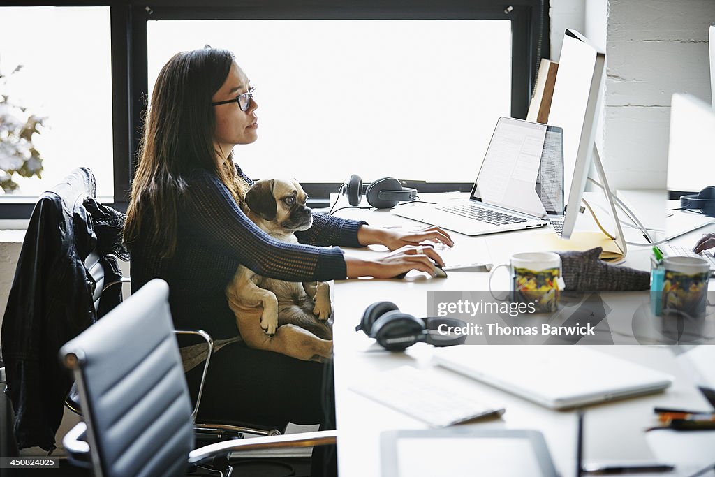 Businesswoman at workstation with dog on her lap