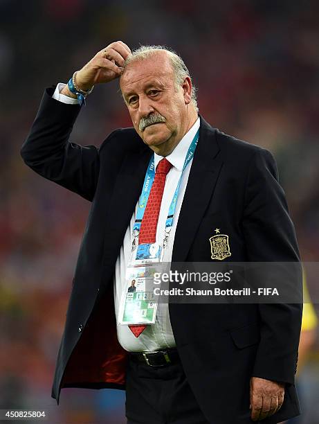 Head coach Vicente del Bosque looks on during the 2014 FIFA World Cup Brazil Group B match between Spain and Chile at Estadio Maracana on June 18,...