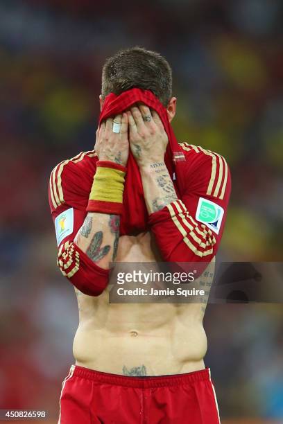 Sergio Ramos of Spain reacts during the 2014 FIFA World Cup Brazil Group B match between Spain and Chile at Maracana on June 18, 2014 in Rio de...