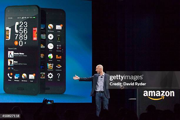 Amazon.com founder and CEO Jeff Bezos presents the company's first smartphone, the Fire Phone, on June 18, 2014 in Seattle, Washington. The...