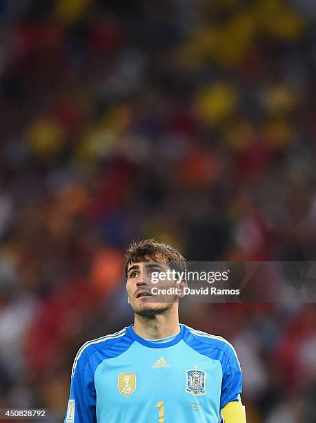 Iker Casillas of Spain looks on during the 2014 FIFA World Cup Brazil Group B match between Spain and Chile at Maracana on June 18, 2014 in Rio de...