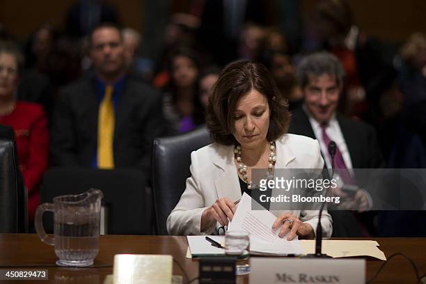 Sarah Bloom Raskin, governor of the U.S. Federal Reserve and nominee to be deputy U.S. Treasury secretary, waits for the start of a Senate Finance...