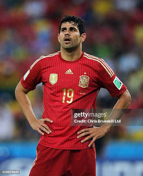 Diego Costa of Spain looks dejected during the 2014 FIFA World Cup Brazil Group B match between Spain and Chile at Maracana Stadium on June 18, 2014...