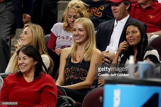 Model Amanda Enfield smiles at her seat during the second half of the home opening game between the Cal State Northridge Matadors and the USC Trojans...
