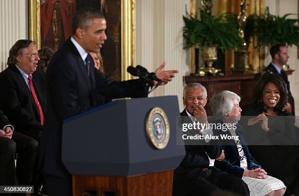 President Barack Obama speaks as Oprah Winfrey , appellate judge Patricia Wald , civil rights leader Cordy Tindell "C.T." Vivian and jazz musician...