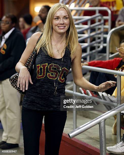 Model Amanda Enfield smiles as she walks down the aisle at halftime of the home opening game between the Cal State Northridge Matadors and the USC...