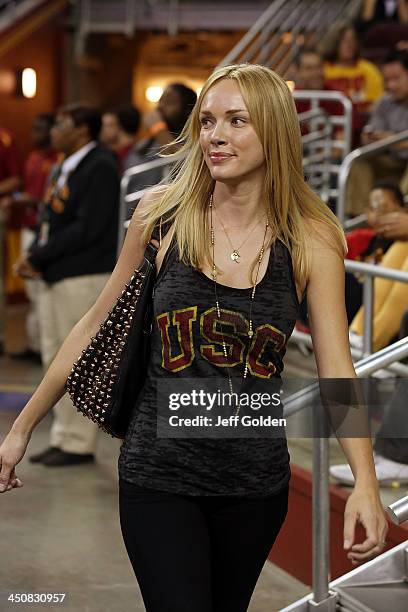 Model Amanda Enfield looks on as she walks down the aisle at halftime of the home opening game between the Cal State Northridge Matadors and the USC...