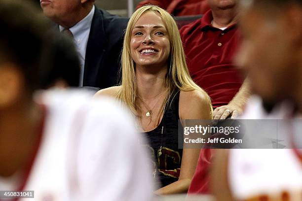Model Amanda Enfield watches the first half of the home opening game between the Cal State Northridge Matadors and the USC Trojans at the Galen...