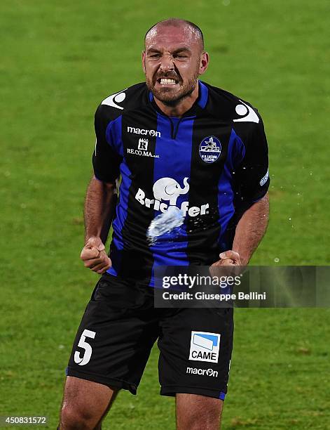 Alessandro Bruno of Latina celebrates after scoring the opening goal during the Serie B playoff final match between US Latina and AC Cesena at Stadio...