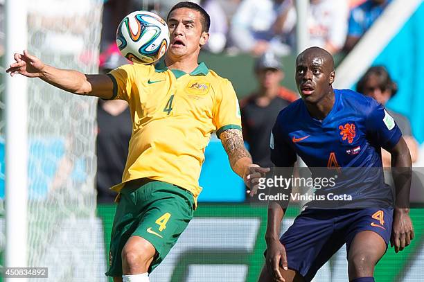 Bruno Martins Indi of the Netherlands and Tim Cahill of Australia compete for the ball during the 2014 FIFA World Cup Brazil Group B match between...