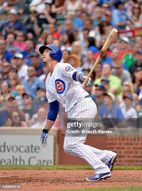 Eli Whiteside of the Chicago Cubs bats during the sixth inning against the Miami Marlins at Wrigley Field June 7, 2014 in Chicago, Illinois. The Cubs...