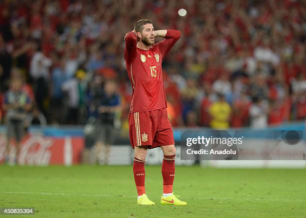 Sergio Ramos of Spain reacts after the 2014 FIFA World Cup Brazil Group B match between Spain and Chile at Estadio Maracana on June 18, 2014 in Rio...