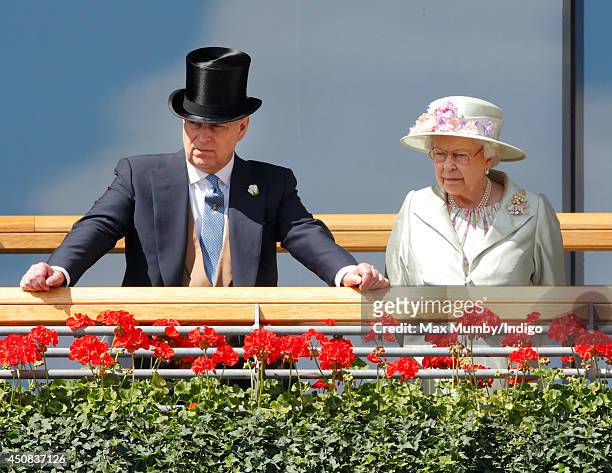 Prince Andrew, Duke of York & Queen Elizabeth II watch the horses in the parade ring as they attend Day 2 of Royal Ascot at Ascot Racecourse on June...
