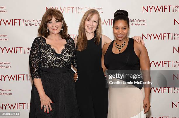 Cheri Minns, Emma Potter and Erin Hicks of The Angriest Man In Brooklyn attend the 2014 New York Women In Film And Television "Designing Women"...