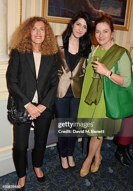 Nicole Farhi, guest and Diana Quick pose in the foyer following the press night performance of "Skylight" at Wyndhams Theatre on June 18, 2014 in...