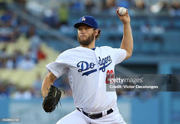 Pitcher Clayton Kershaw of the Los Angeles Dodgers pitches in the first inning during the MLB game against the Colorado Rockies at Dodger Stadium on...