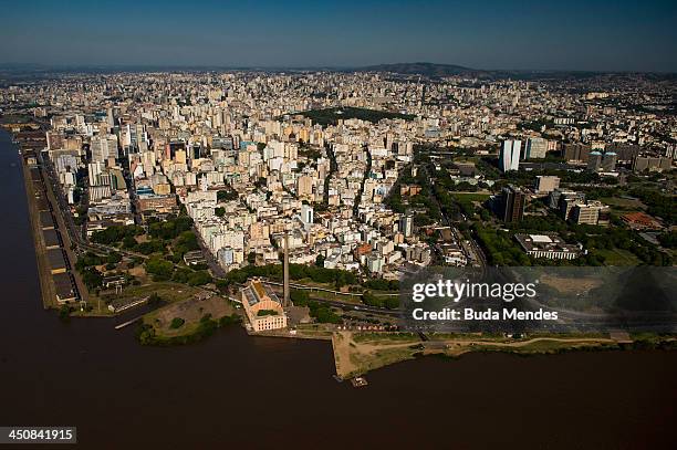 An aerial view of the city, located the shores of the Guaiba Lake, on November 19, 2013 in Porto Alegre, Brazil. The Arena Beira Rio will be a...