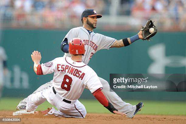 Danny Espinosa of the Washington Nationals is forced out by Jonathan Villar of the Houston Astros in the second inning during a baseball game on June...