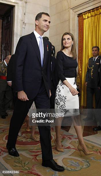 Prince Felipe of Spain and Princess Letizia of Spain attend the official abdication ceremony at the Royal Palace on June 18, 2014 in Madrid, Spain....