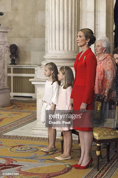 Princess Leonor of Spain, Princess Sofia of Spain, Infanta Pilar de Borbon and Princess Elena of Spain attend the official abdication ceremony at the...