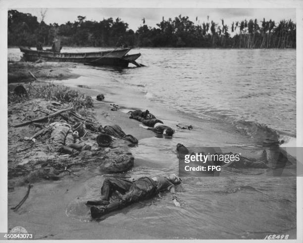 Japanese casualties on the beaches of New Britain, following the allied campaign victory during World War Two, Papua New Guinea, circa 1943-1945.