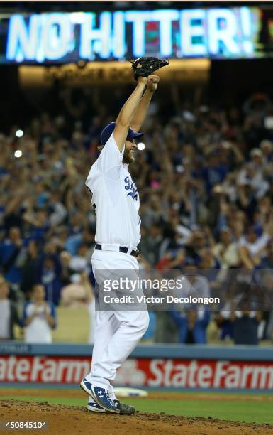 Pitcher Clayton Kershaw of the Los Angeles Dodgers reacts after pitching a no-hitter against the Colorado Rockies in their MLB game at Dodger Stadium...