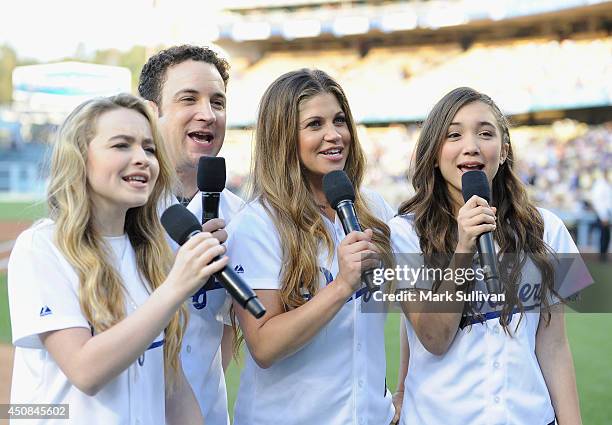 Girl Meets World" cast members Sabrina Carpenter, Ben Savage, Danielle Fishel and Rowan Blanchard announce 'It's Time For Dodger Baseball' before the...