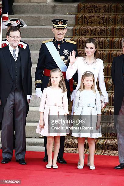 Prime Minister Mariano Rajoy stands with King Felipe VI of Spain and Queen Letizia of Spain, Princess Leonor, Princess of Asturias and Princess Sofia...