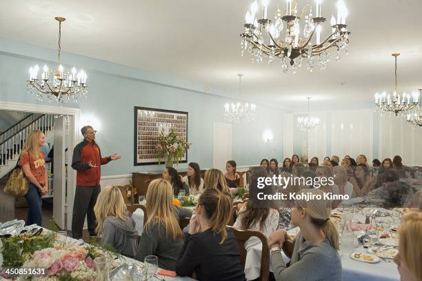 Portrait of USC head coach Andy Enfield speaks to Greek sorority Pi Phi as his wife Amanda Marcum watches on The Row at West 28th Street. Los...
