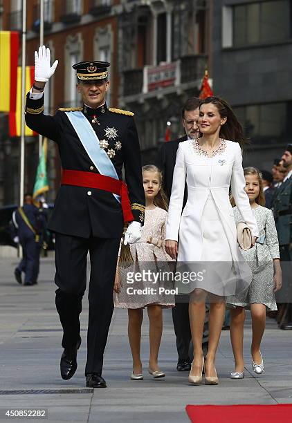 King Felipe VI of Spain and Queen Letizia of Spain at the Congress of Deputies prior to the King's official coronation ceremony on June 19, 2014 in...