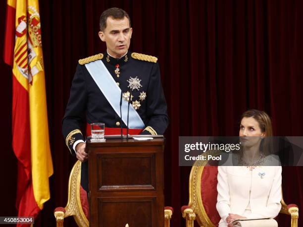King Felipe VI of Spain and Queen Letizia of Spain at the Congress of Deputies during his first speech to make his proclamation as King of Spain to...