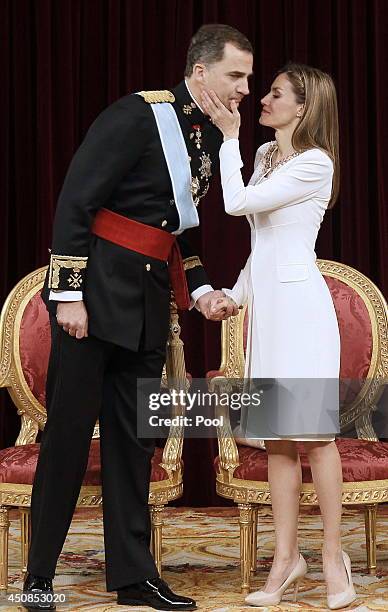 King Felipe VI of Spain and Queen Letizia of Spain at the Congress of Deputies during his first speech to make his proclamation as King of Spain to...