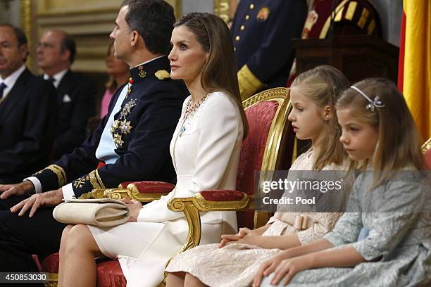 King Felipe VI of Spain, Queen Letizia of Spain with daughters Princess Sofia and Princess Leonor, Princess of Asturias at the Congress of Deputies...