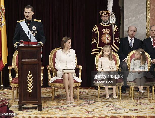 King Felipe VI of Spain, Queen Letizia of Spain with daughters Princess Sofia and Princess Leonor, Princess of Asturias at the Congress of Deputies...