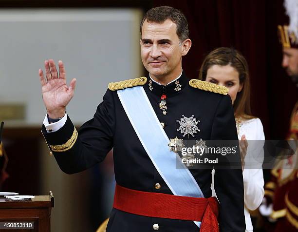 King Felipe VI of Spain at the Congress of Deputies during his first speech to make his proclamation as King of Spain to the Spanish Parliament on...