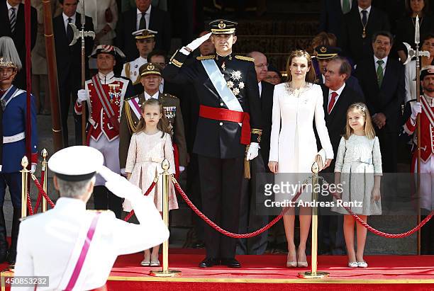 King Felipe VI of Spain and Queen Letizia of Spain with daughters Princess Leonor, Princess of Asturias and Princess Sofia leave the Congress of...