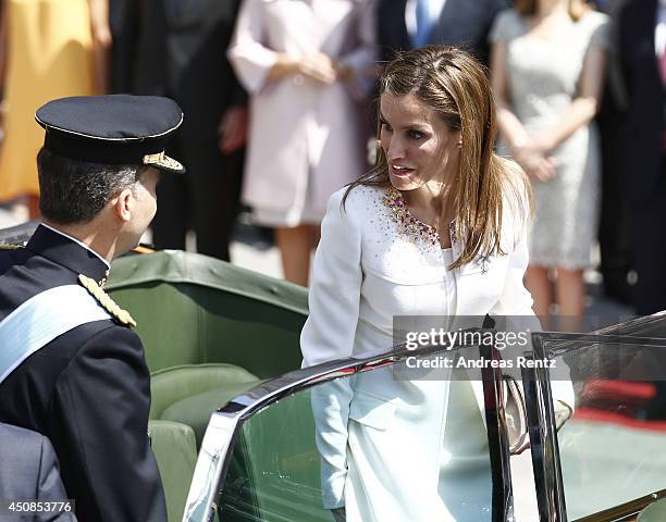 King Felipe VI of Spain and Queen Letizia of Spain as they leave the Congress of Deputies during the King's official coronation ceremony on June 19,...