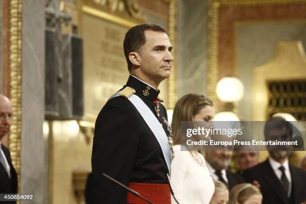 King Felipe VI of Spain and Queen Letizia of Spain attends Spanish Parliament to swear Spanish Constitution on June 19, 2014 in Madrid, Spain.