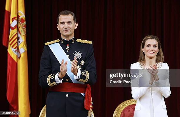 King Felipe VI of Spain and Queen Letizia of Spain attend the Congress of Deputies for the proclamation as King of Spain to the Spanish Parliament on...