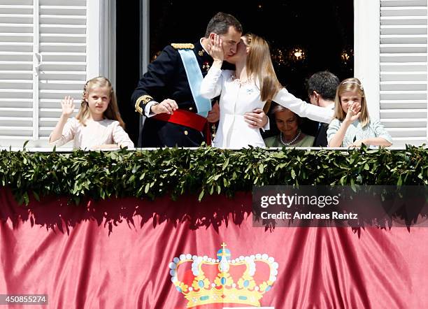 Princess Leonor, Princess of Asturias, King Felipe VI of Spain, Queen Letizia of Spain and Princess Sofia appear at the balcony of the Royal Palace...