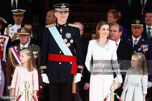 King Felipe VI of Spain and Queen Letizia of Spain with daughters Princess Leonor, Princess of Asturias and Princess Sofia leave the Congress of...