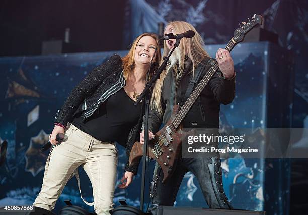 Anette Olzon and Marco Hietala of Finnish symphonic metal group Nightwish performing live on stage at Download Festival on June 8, 2012.