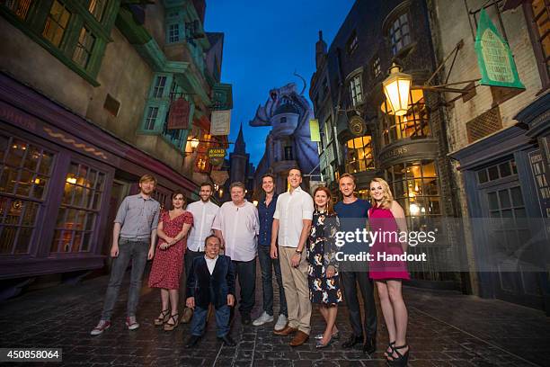 In this handout provided by Universal Orlando Resort, Harry Potter film stars including Helena Bonham Carter , Robbie Coltrane Tom Felton , Matthew...