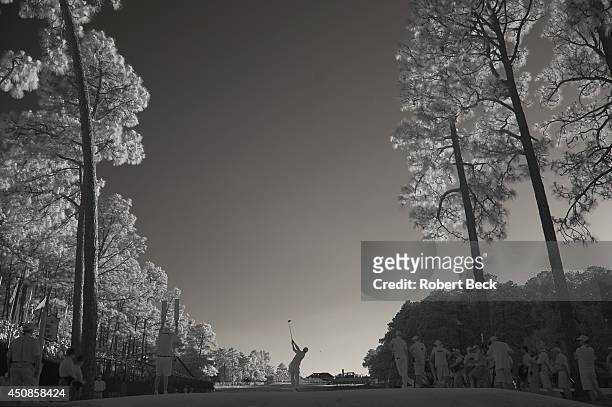 Overall infrared view from rear of Martin Kaymer in action, drive from No 18 tee during Saturday play at Course No. 2 of Pinehurst Resort. Scenic....