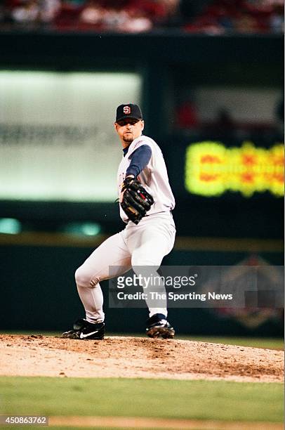 Trevor Hoffman of the San Diego Padres pitches against the St. Louis Cardinals at Busch Stadium on July 16, 1997 in St. Louis, Missouri. The Padres...