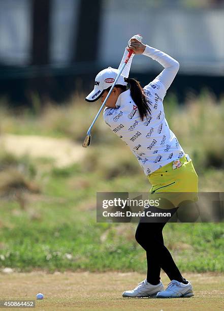 Sakura Yokomine of Japan plays her second shot at the par 4, 18th hole during the first round of the 69th U.S. Women's Open at Pinehurst Resort &...