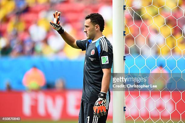 David Ospina of Colombia gestures during the 2014 FIFA World Cup Brazil Group C match between Colombia and Cote D'Ivoire at Estadio Nacional on June...